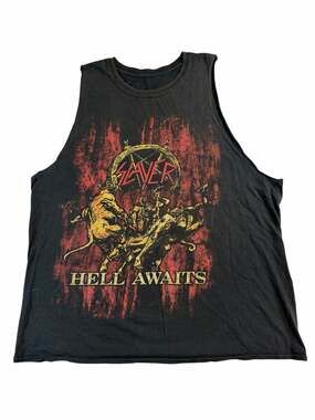 Slayer Hell Awaits Cut Off Tank Top Distressed Metal Band Shirt XL Black